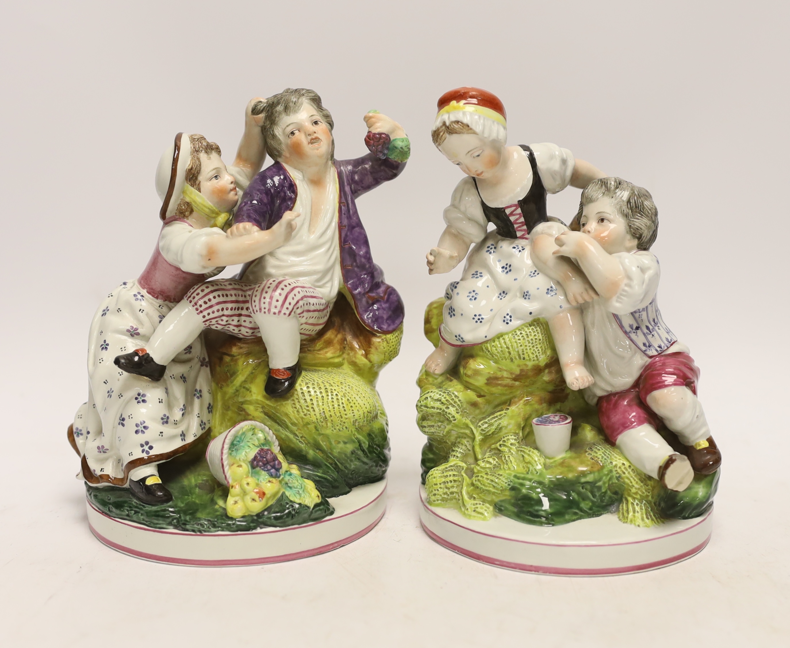 A pair of Niderviller faience figure groups, late 18th/early 19th century, tallest 17.5cm